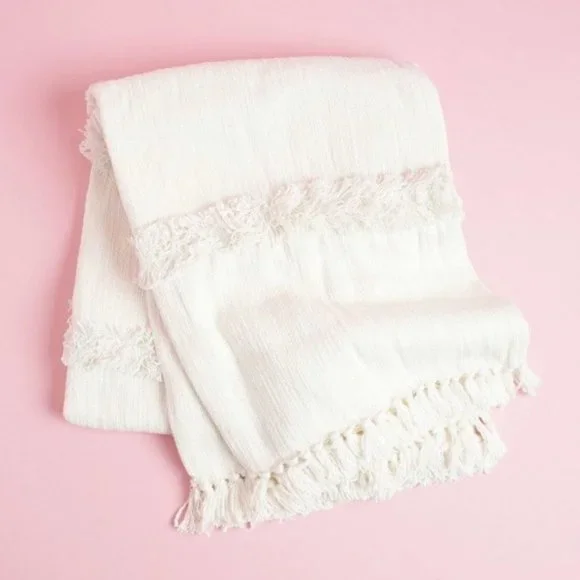 Uncommon James Textured Layered Fringe Throw in White, NEW